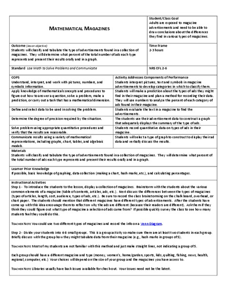 Mathematical Magazines Lesson Plan