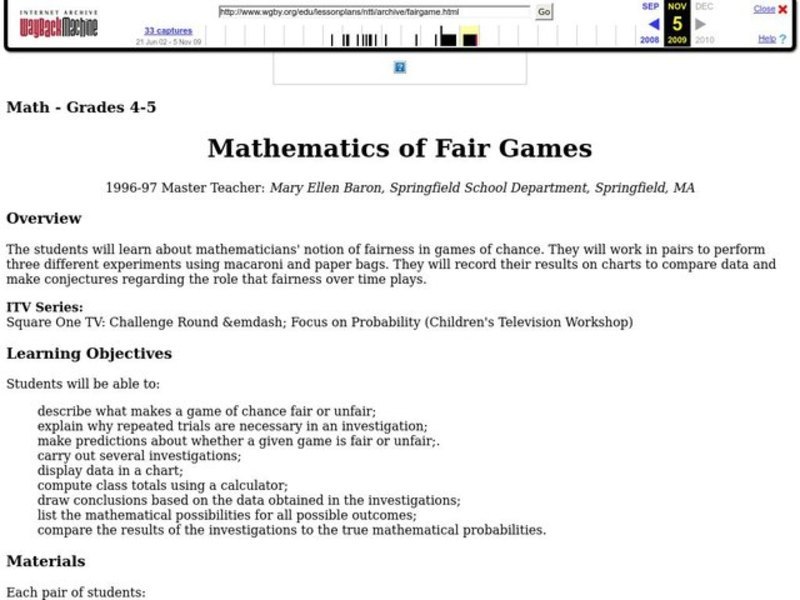 Mathematics of Fair Games Lesson Plan