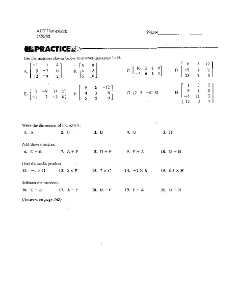 Matrices Worksheet