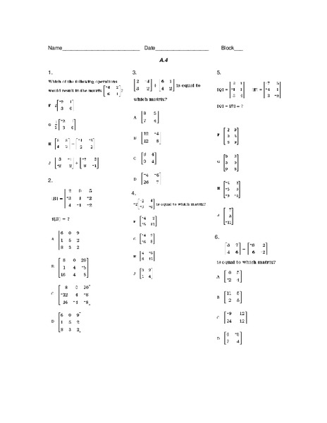 Matrices Worksheet
