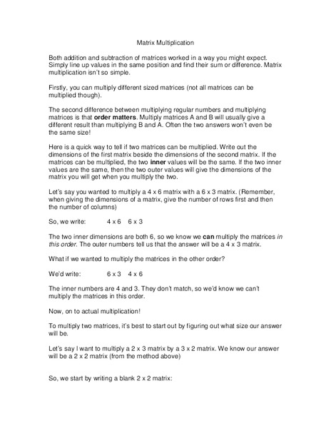 Matrix Multiplication Worksheet