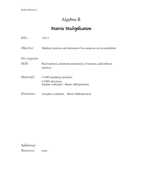 Matrix Multiplication Worksheet