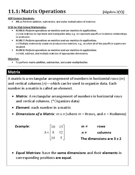 Matrix Operations Worksheet