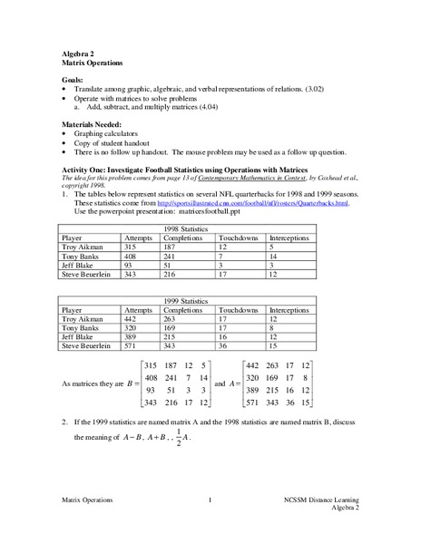 Matrix Operations Lesson Plan