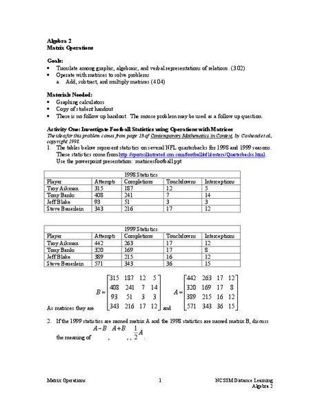 Matrix Operations Lesson Plan