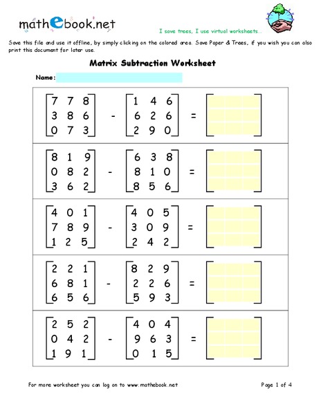 Matrix Subtraction Worksheet