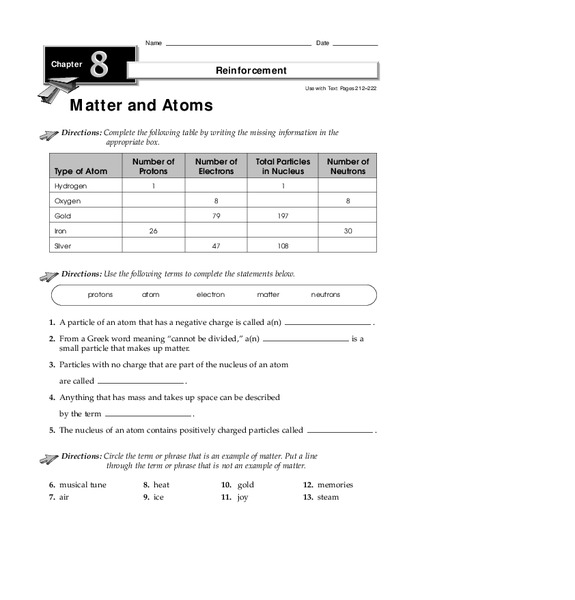 Matter and Atoms Worksheet
