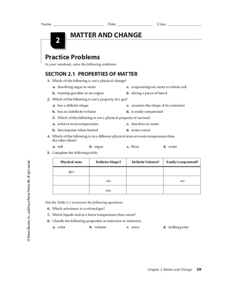Matter and Change Worksheet