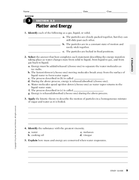 Matter and Energy Worksheet