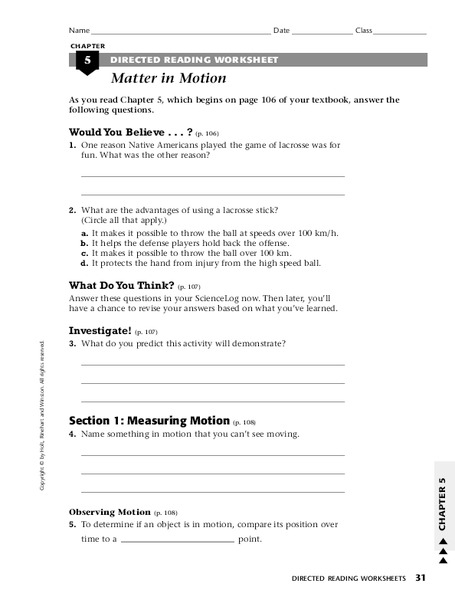 Matter in Motion Worksheet