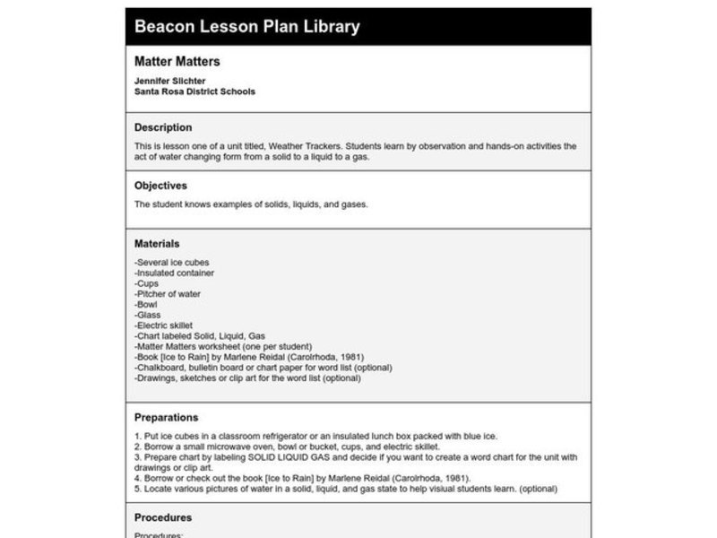 Matter Matters Lesson Plan