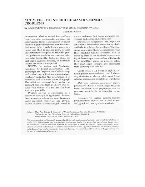 Maxima and Minima Worksheet