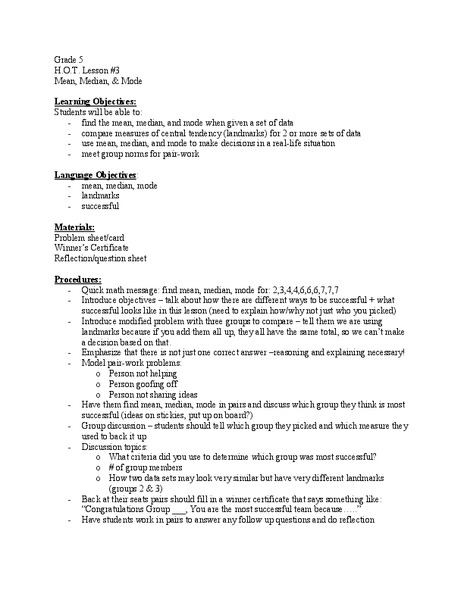 Mean, Median, & Mode Lesson Plan