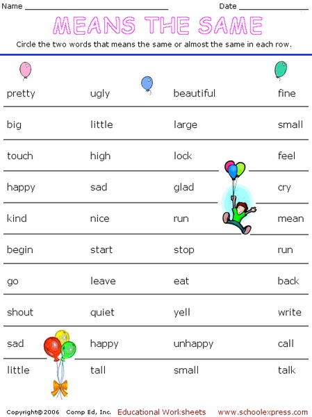 Means the Same Worksheet