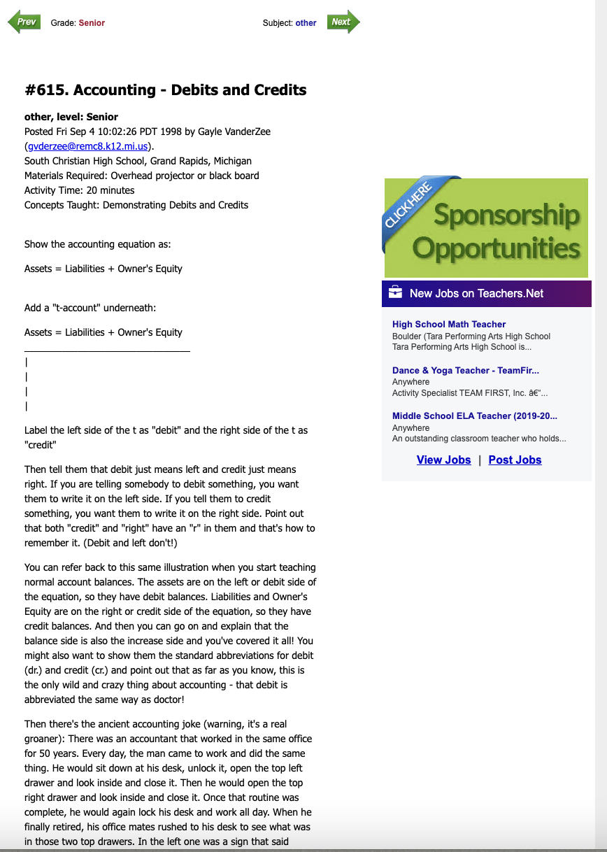 Accounting - Debits and Credits (Senior, other) the accounting equation as: Lesson Plan