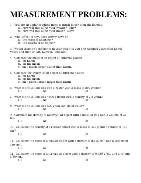 Measurement Problems Worksheet