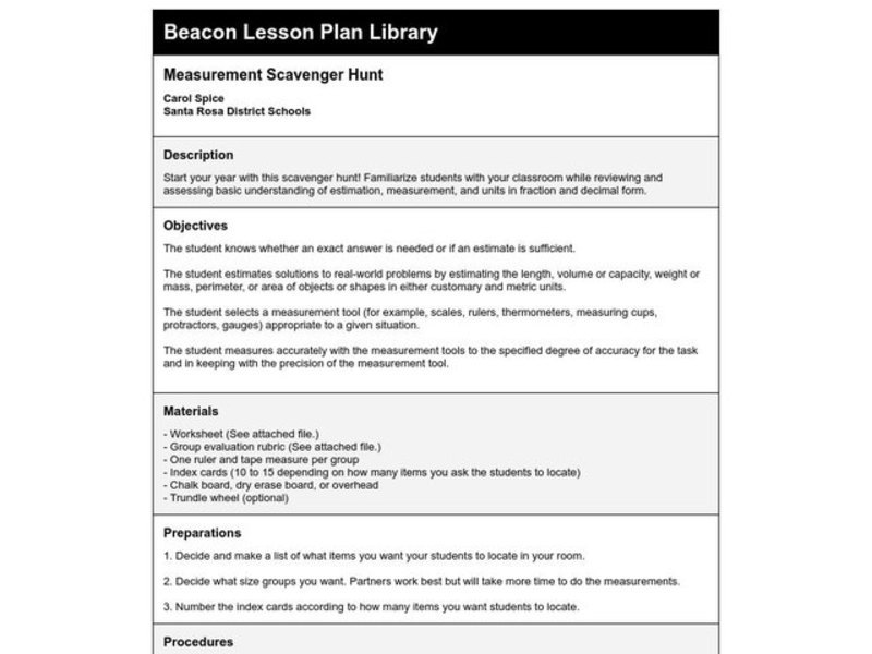 Measurement Scavenger Hunt Lesson Plan