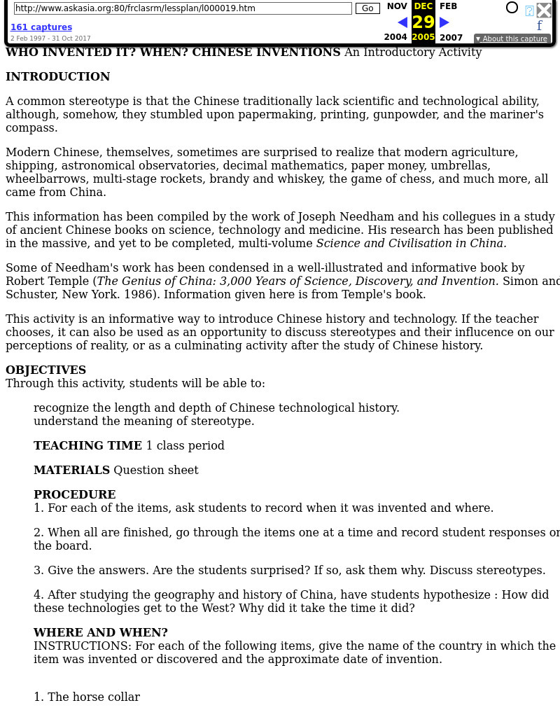 Who Invented It? When? Chinese Inventions Lesson Plan