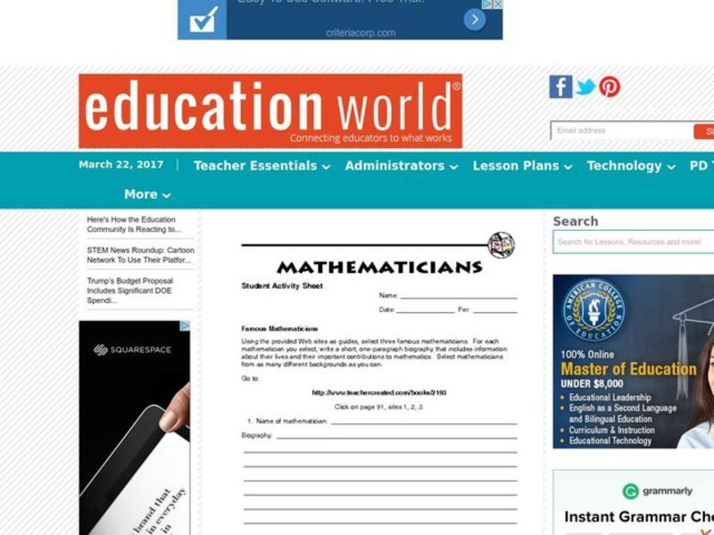 Mathematicians Worksheet
