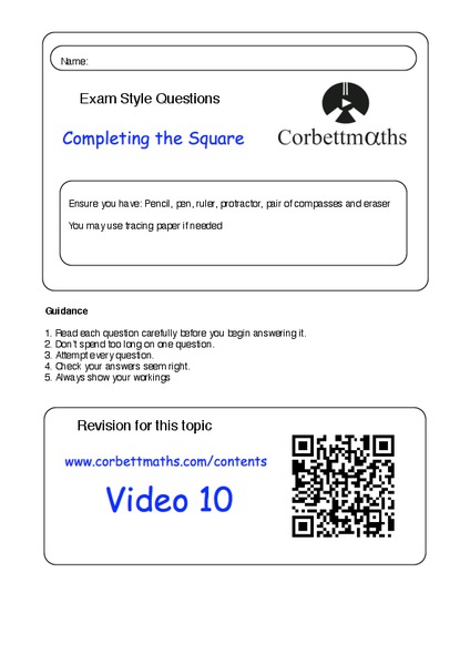 Completing the Square Assessment