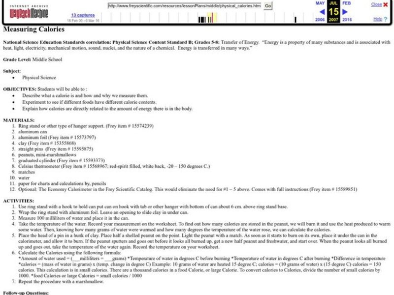 Measuring Calories Lesson Plan