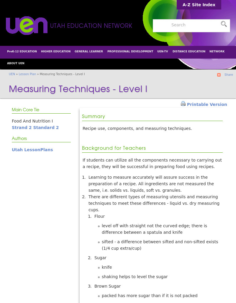 Measuring Techniques - Level I Lesson Plan