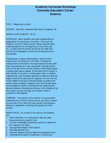 Measuring The Earth Lesson Plan