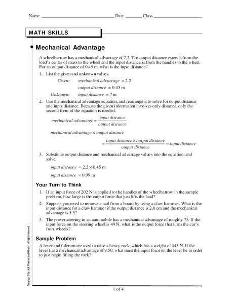 Mechanical Advantage Worksheet