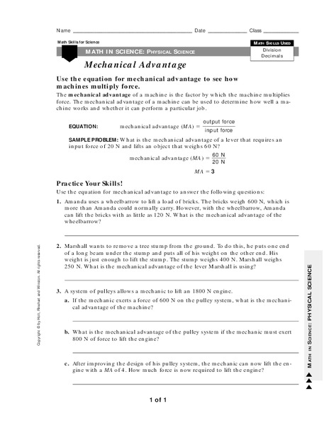 Mechanical Advantage Worksheet