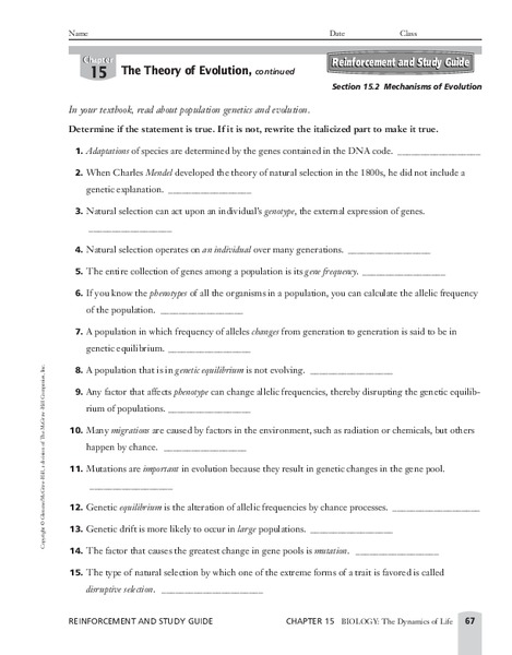 Mechanisms of Evolution Worksheet