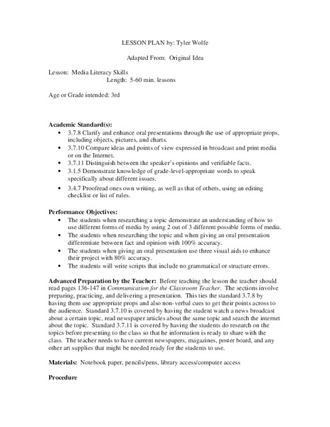 Media Literacy Skills  Lesson Plan