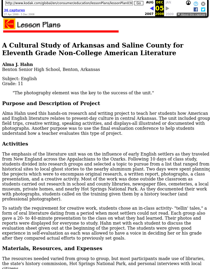 A Cultural Study of Arkansas and Saline County for Eleventh Grade Non-College American Literature Lesson Plan