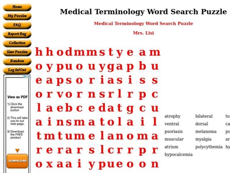 Medical Terminology Worksheet