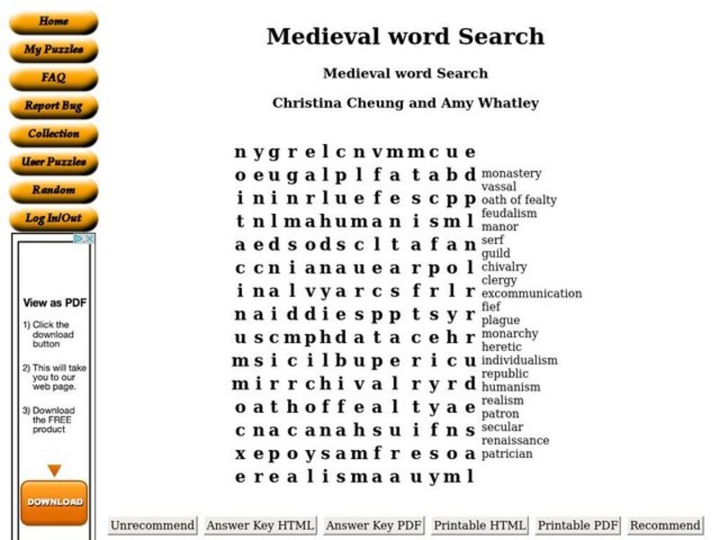 Medieval Word Search Worksheet