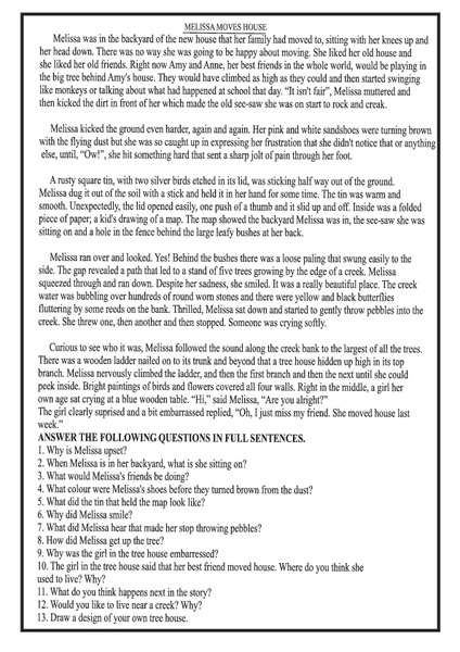 Melissa Moves House Worksheet