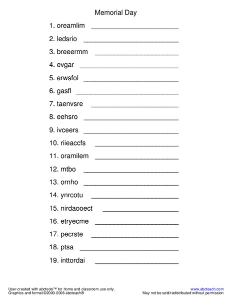 Memorial Day Worksheet