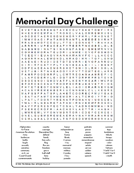 Memorial Day Challenge Worksheet