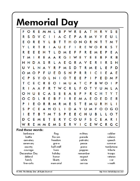 Memorial Day Word Search Worksheet