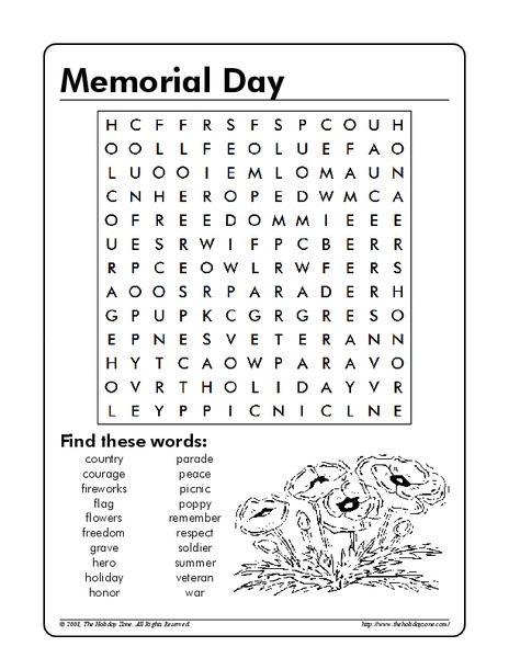Memorial Day Word Search Worksheet