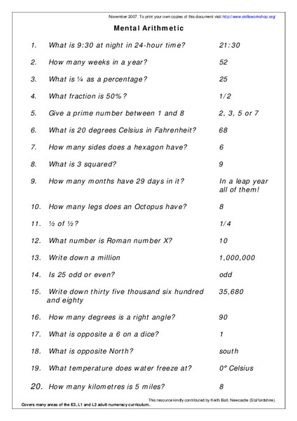 Mental Arithmetic Worksheet
