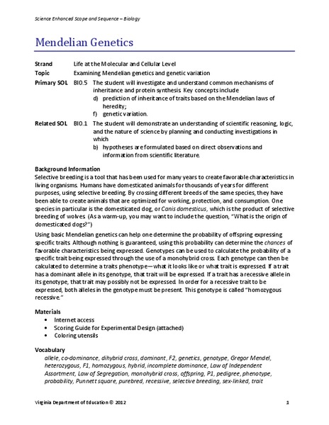 Mendelian Genetics Lesson Plan