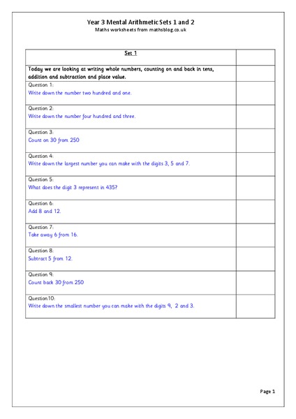Mental Arithmetic Worksheet