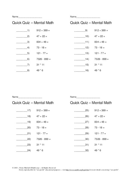 Mental Math Worksheet