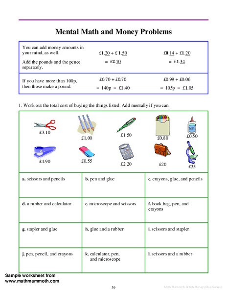 Mental Math and Money Problems Worksheet