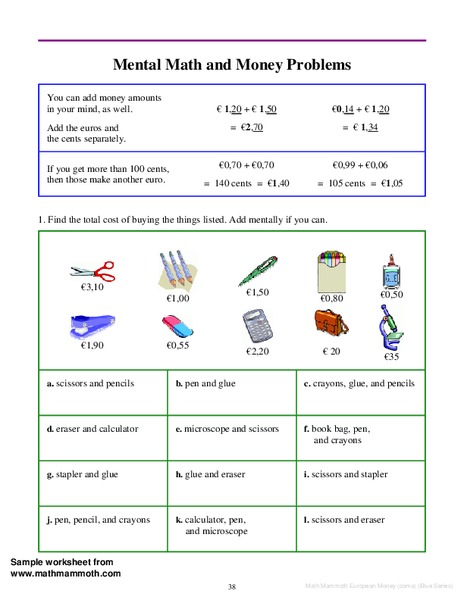 Mental Math and Money Problems Worksheet