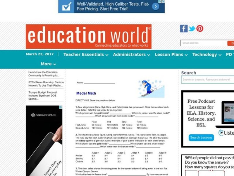 Medal Math Worksheet