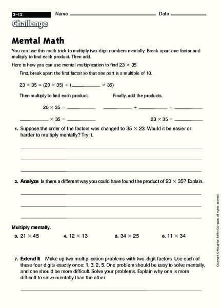 Mental Math Worksheet