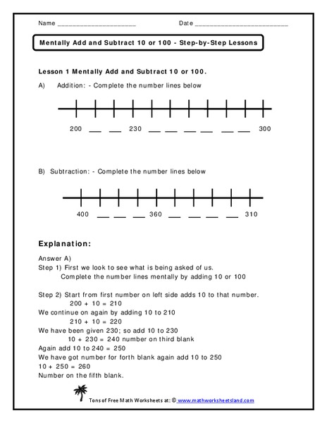 Mentally Add and Subtract 10 or 100 Worksheet