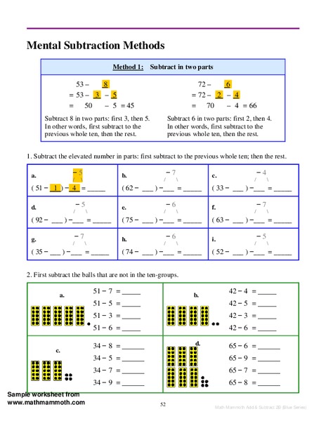 Mental Subtraction Methods Worksheet