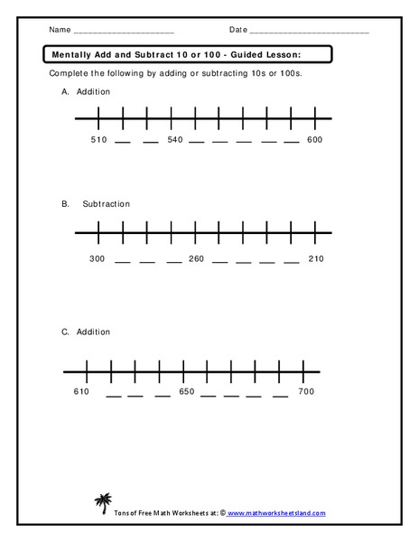 Mentally Add and Subtract 10 or 100 Worksheet